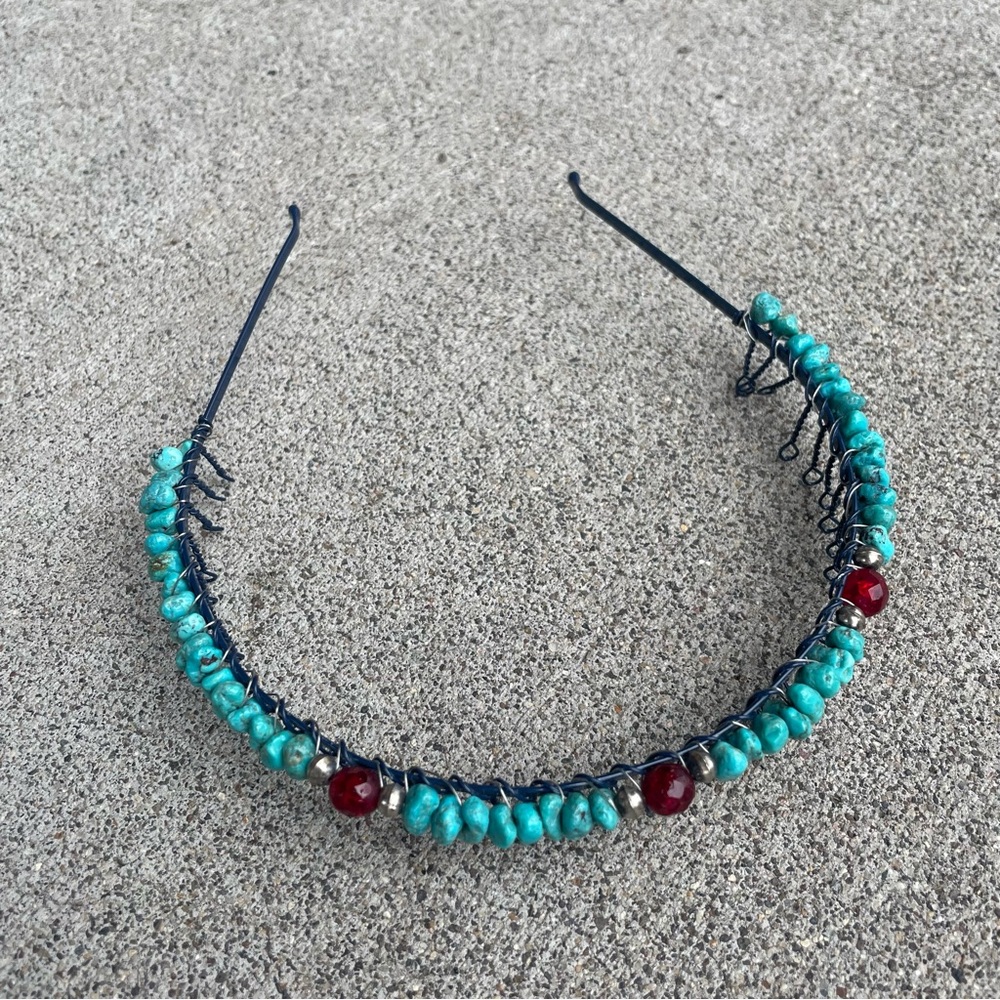 Vintage Native Turquoise Silver Beads & Garnet Hair Headband